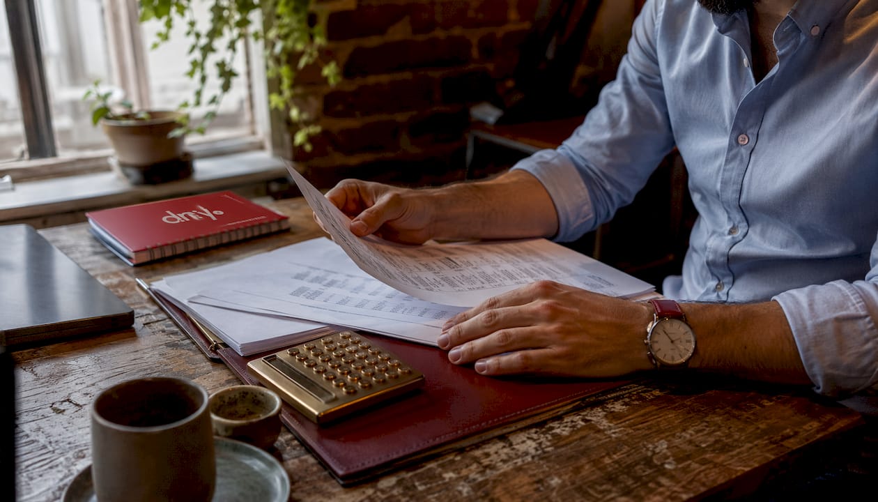 Des mains posent délicatement d’anciens documents comptables sur une table.
