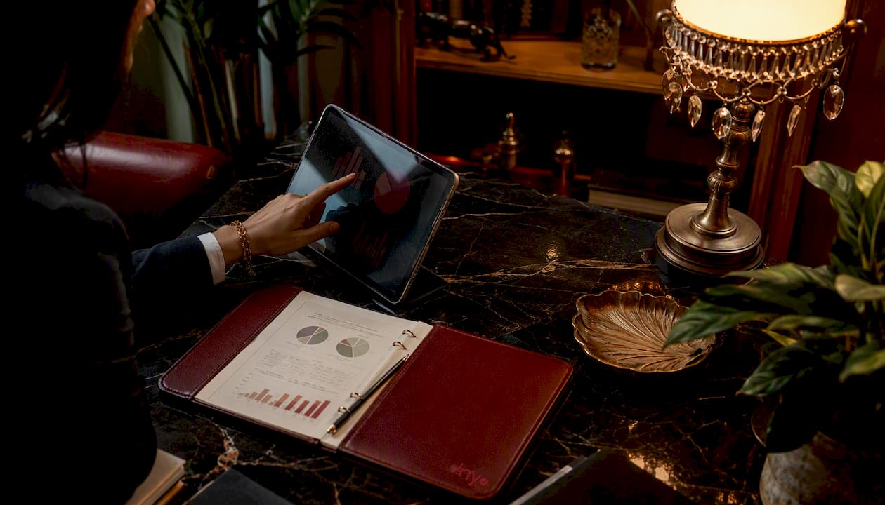 Des mains tiennent une tablette dans un bureau habillé de boiseries.