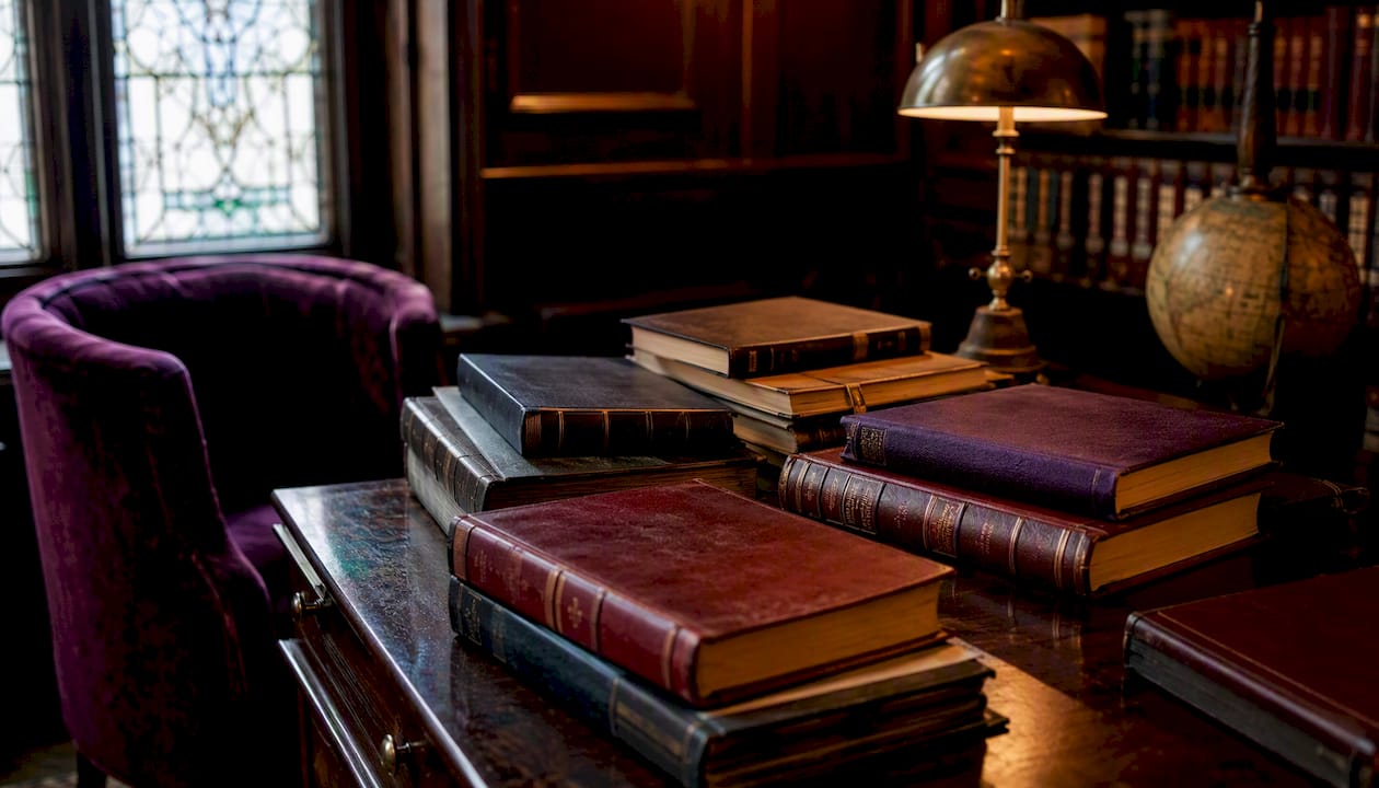 Lumière rétro d’une bibliothèque se reflétant sur des ouvrages de droit financier