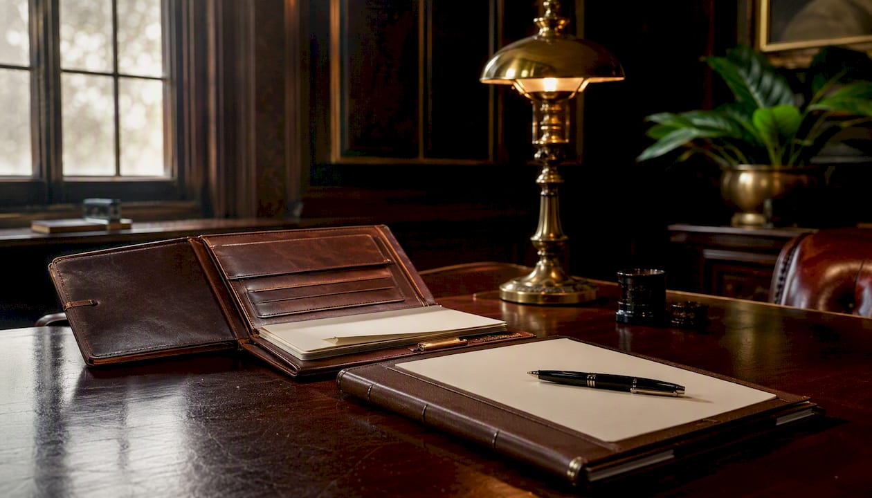 Un bureau ancien sur lequel reposent un élégant porte-documents en cuir et un contrat vierge prêt à être signé.