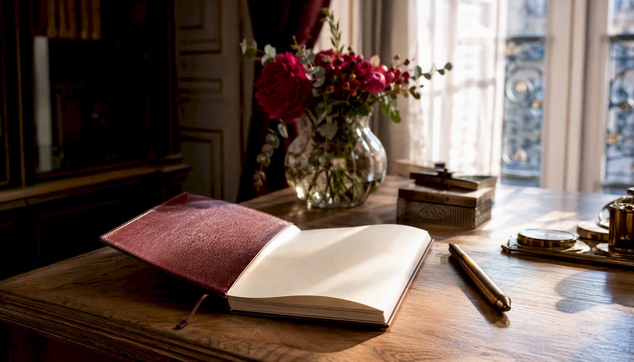 Carnet en cuir et stylo plume posés sur un bureau d’époque, pour une ambiance rétro et élégante.