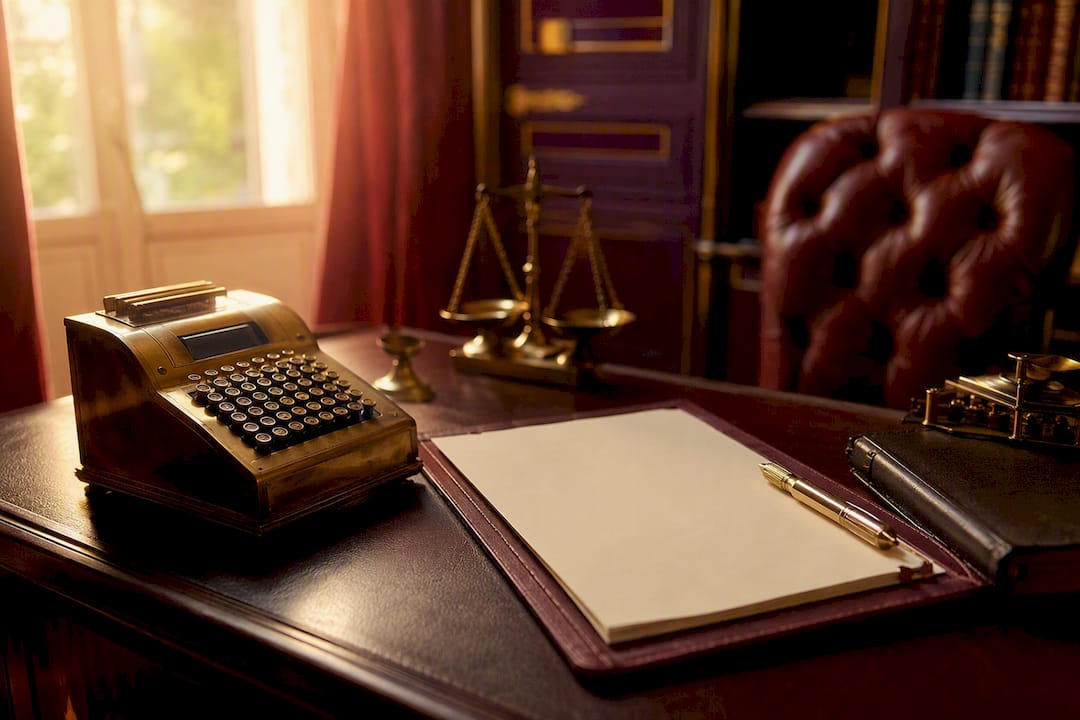 Sur le bureau, une calculatrice rétro côtoie divers accessoires financiers.