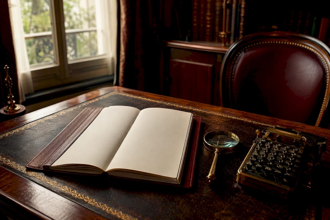 Bureau ancien avec grand livre comptable et calculatrice