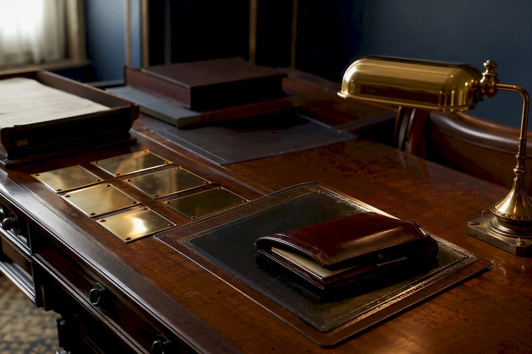 Plaques de certification en laiton sur un bureau ancien
