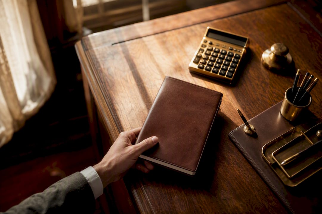 Guide blanc posé sur un bureau vintage éclairé