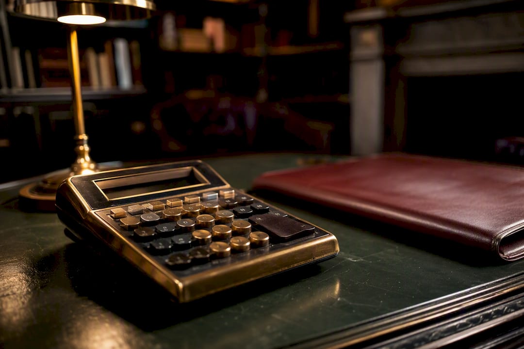 Calculatrice en laiton vintage sur un bureau laqué émeraude