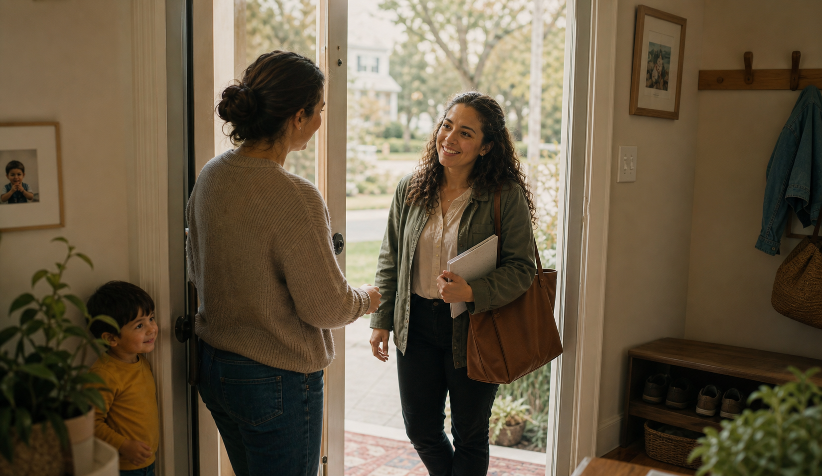Above and Beyond clinician arriving at a family home for an in-home therapy session