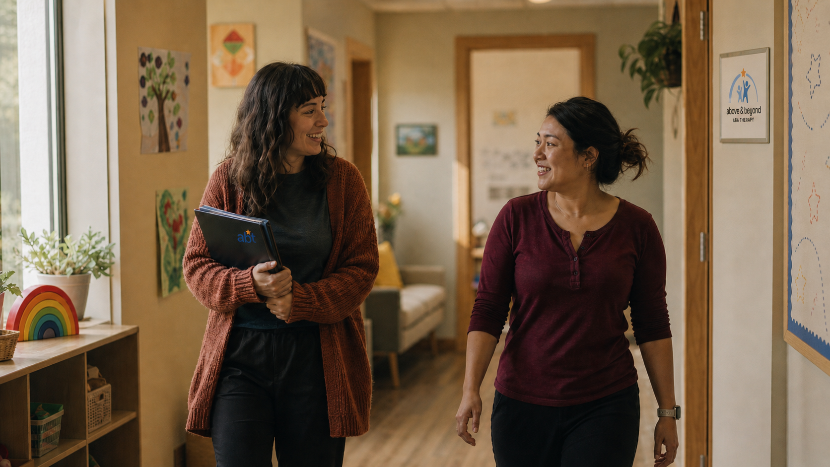 Two Above and Beyond clinicians walking and talking together along a hallway