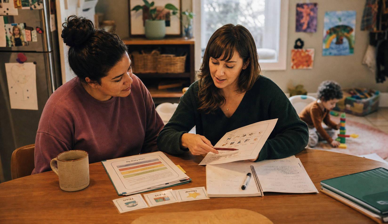 Parent and BCBA at a kitchen table reviewing the My Daily Plan visual schedule