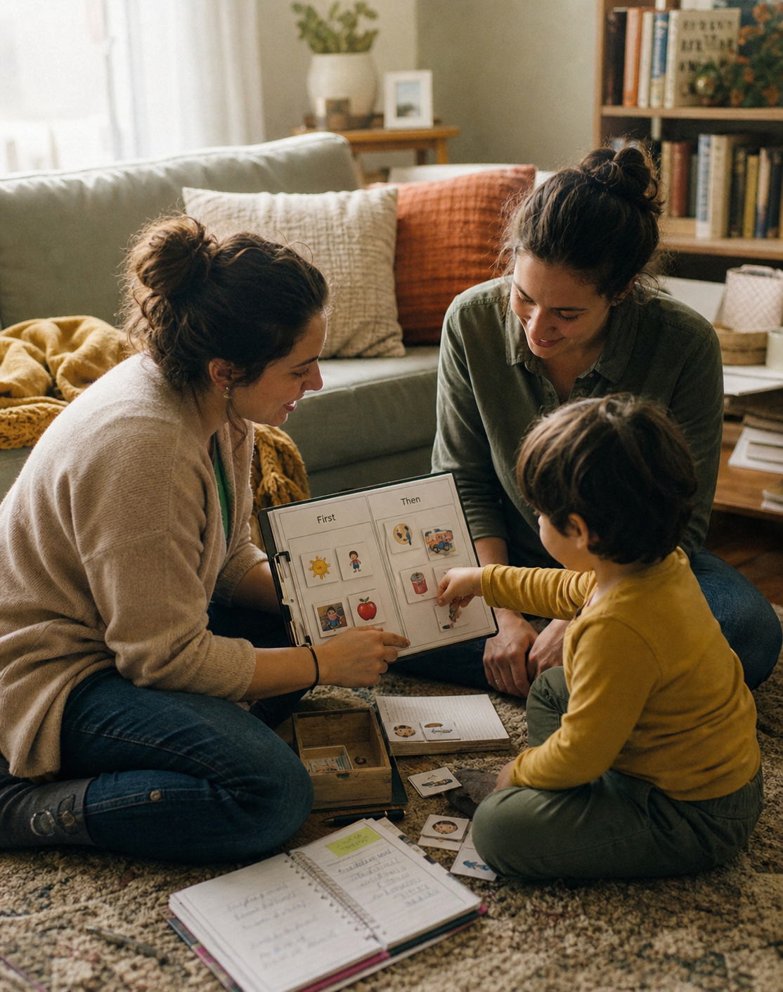 Above & Beyond therapist with parent and child using a First/Then board during an in-home session