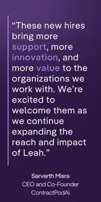 Purple gradient with quote: “These new hires bring support, innovation and value to client organizations.” — Sarvarth Misra of Leah