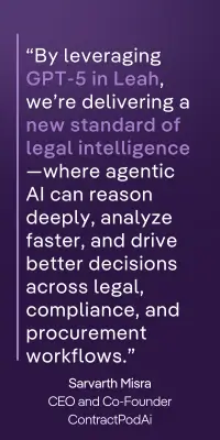 Quote from Sarvarth Misra on purple background highlighting GPT-5 in Leah for improved legal, compliance, and procurement workflows.