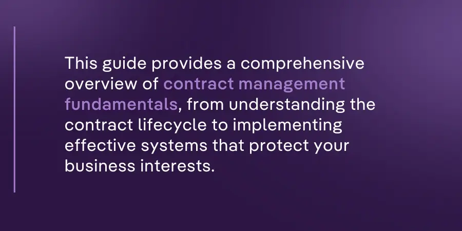 This guide provides a comprehensive overview of contract management fundamentals, from understanding the contract lifecycle to implementing effective systems that protect your business interests.