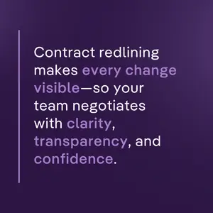 Purple graphic with the text: "Contract redlining makes every change visible—so your team negotiates with clarity, transparency, and confidence."