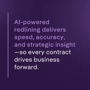 Purple image featuring the words: "AI-powered redlining delivers speed, accuracy, and strategic insight—so every contract drives business forward."