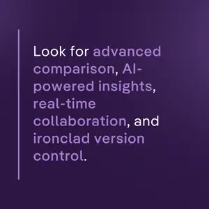 Purple graphic with the text: "Look for advanced comparison, AI-powered insights, real-time collaboration, and ironclad version control."