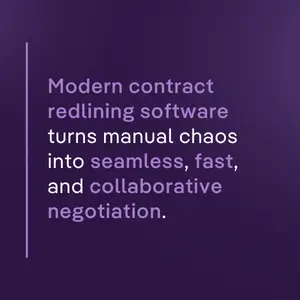 Purple background with text: "Modern contract redlining software turns manual chaos into seamless, fast, and collaborative negotiation."