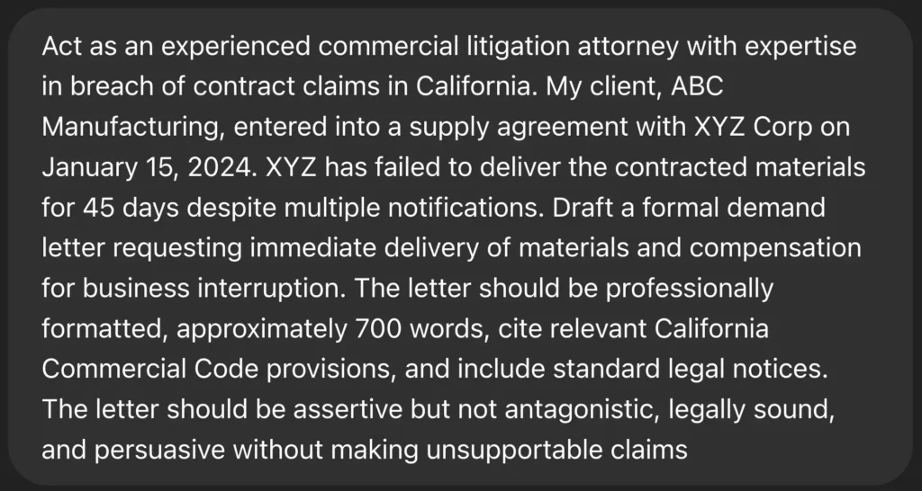 screenshot of a chatgpt legal prompt