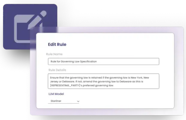 UI form titled “Edit Rule” for configuring a legal rule named “Rule for Governing Law Specification,” with editable logic and LLM model dropdown.