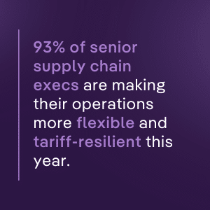 Text on purple background reveals 93% of senior supply chain execs are prioritizing flexible, tariff-resilient contracts to strengthen operations in 2024.