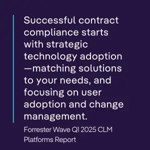 Quote from Forrester Wave Q1 2025 CLM Platforms Report emphasizing that contract compliance relies on strategic tech adoption and change management.