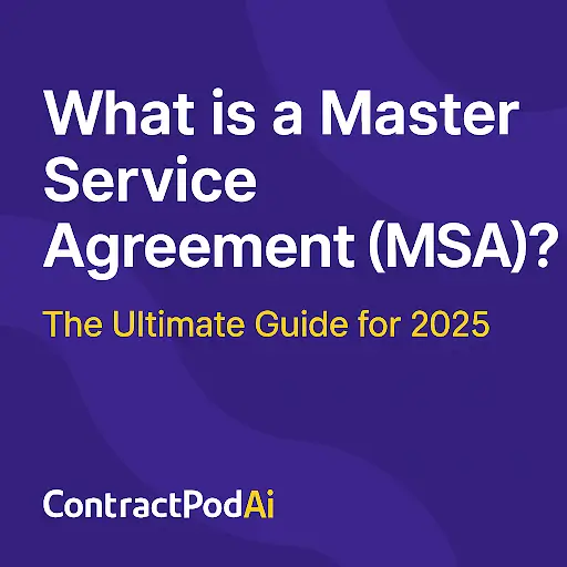 Purple and navy abstract background with white and gold text that reads: ‘What is a Master Service Agreement (MSA)? The Ultimate Guide for 2025.’ Branding at the bottom shows the Leah logo.