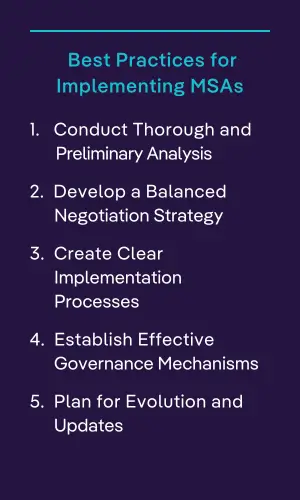 Infographic titled ‘Best Practices for Implementing MSAs’ listing five steps: 1. Conduct Thorough and Preliminary Analysis, 2. Develop a Balanced Negotiation Strategy, 3. Create Clear Implementation Processes, 4. Establish Effective Governance Mechanisms, and 5. Plan for Evolution and Updates.
