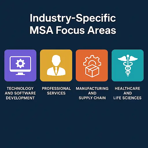 Infographic titled ‘Industry-Specific MSA Focus Areas’ with four icons representing key sectors: Technology and Software Development, Professional Services, Manufacturing and Supply Chain, and Healthcare and Life Sciences.