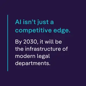 Dark purple quote graphic stating, “AI isn’t just a competitive edge. By 2030, it will be the infrastructure of modern legal departments,” emphasizing the future role of AI in corporate legal departments.