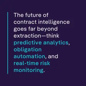Quote graphic explaining that the future of contract intelligence goes beyond data extraction to include predictive analytics, obligation automation, and real-time risk monitoring—showcasing the evolving power of AI contract data extraction.