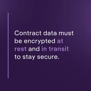 Dark purple background with quote: “Contract data must be encrypted at rest and in transit to stay secure,” emphasizing encryption standards.
