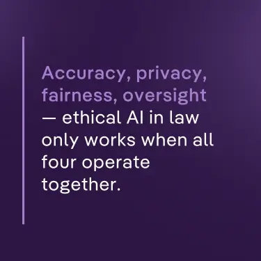 Quote summarizing core pillars of ethical legal AI: accuracy, privacy, fairness, and human oversight working together.