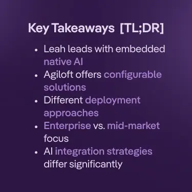 Key takeaways comparing Leah vs Agiloft include native AI, configurable solutions, and enterprise vs mid-market deployment.