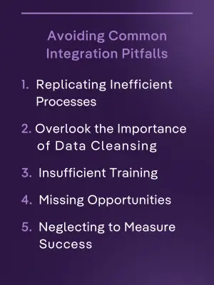 List of common Salesforce contract management integration pitfalls, including inefficient processes, poor data cleansing, lack of training, missed opportunities, and not measuring success.