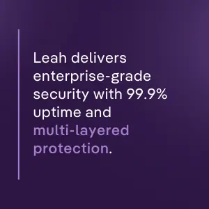 Leah security claim on purple background: “Leah delivers enterprise-grade security with 99.9% uptime and multi-layered protection.”