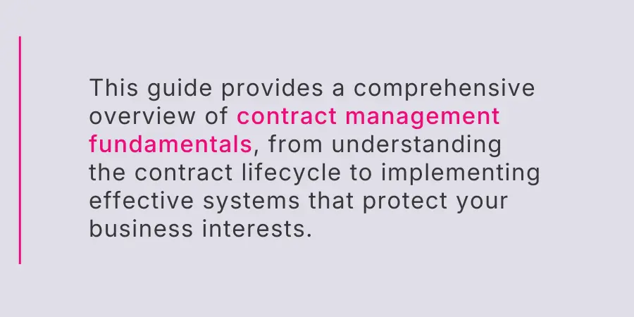 This guide provides a comprehensive overview of contract management fundamentals, from understanding the contract lifecycle to implementing effective systems that protect your business interests.