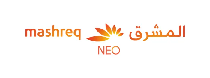 Mashreq Neo logo featuring the word "mashreq" in lowercase orange gradient text, mirrored by Arabic script, with a sunburst icon and “NEO” below.