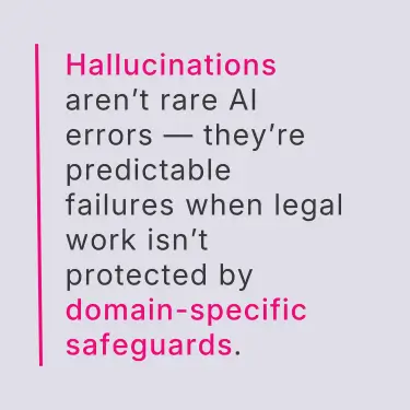 Quote graphic highlighting legal AI risks: hallucinations as predictable failures without domain-specific safeguards