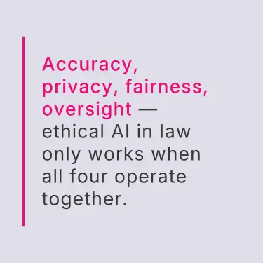 Quote summarizing core pillars of ethical legal AI: accuracy, privacy, fairness, and human oversight working together.