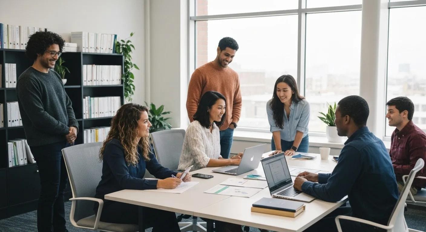 A dynamic team of marketing professionals collaborating in a modern Denver office, showcasing local digital marketing services and business growth