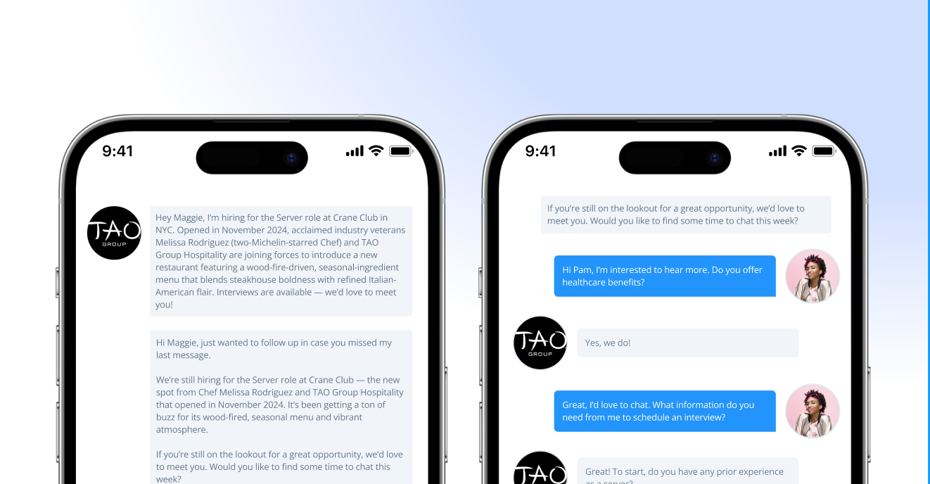 An image of Tao Group Hospitality's Generative AI candidate engagement flow messaging a candidate