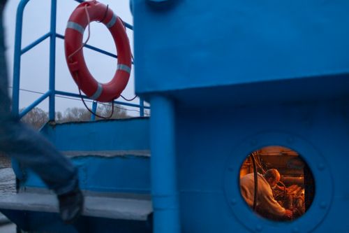 Sailor Zbigniew Laskowski works in the engine room of a transport ship.