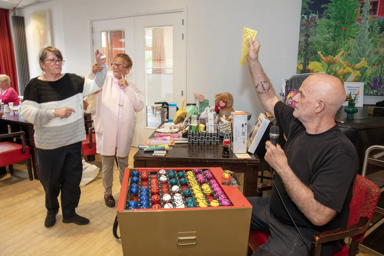 Maria Catharina de Jager-Alderding, 90, at the bingo game she organizes once a month at de Klinker assisted living facility in Amsterdam, Netherlands on May 2, 2026.