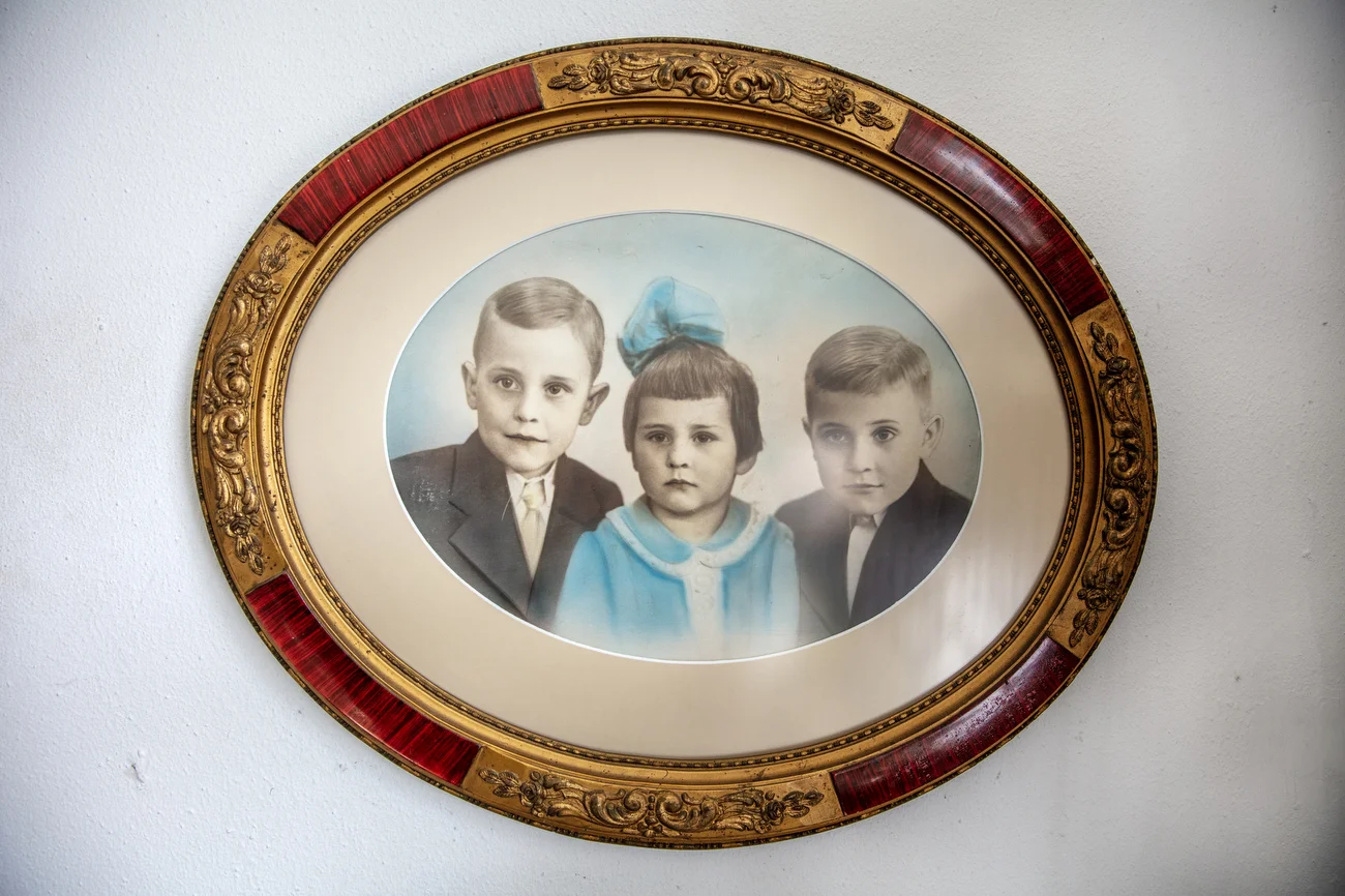 A portrait of Maria Catharina de Jager-Alderding, 90, and her siblings, taken as a child during the Nazi occupation in the 1940’s, at home gardening in Amsterdam, Netherlands on April 19, 2026.