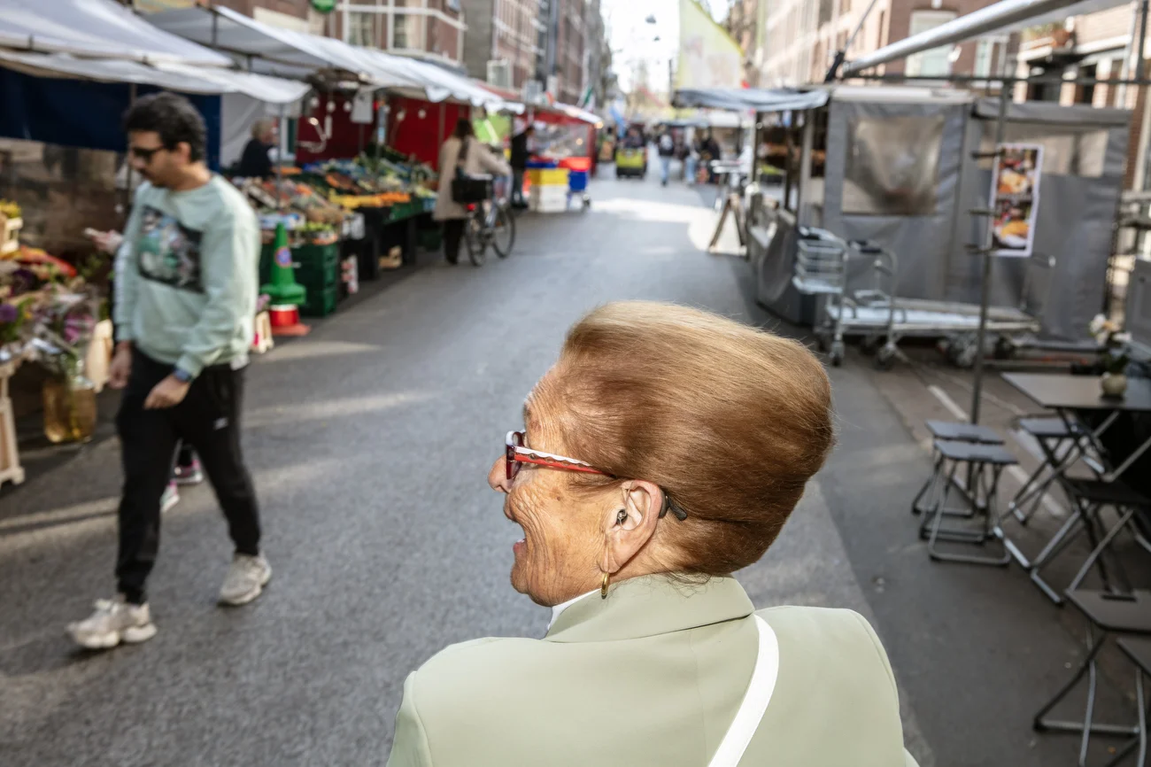 Maria Catharina de Jager-Alderding, 90, shopping at a local street market near her home in Amsterdam, Netherlands on April 15, 2026.