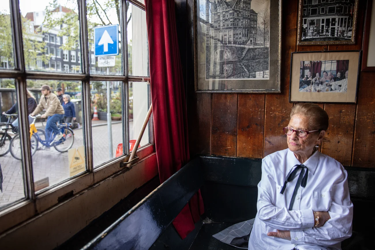 Maria Catharina de Jager-Alderding, 90, goes to the Papeneiland “brown” cafe in the city center in Amsterdam, Netherlands on April 19, 2026.
