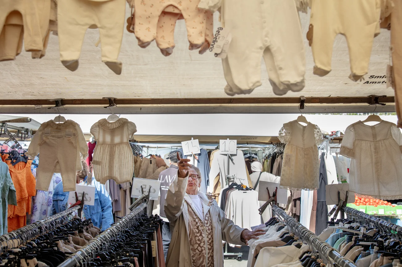 Maria Catharina de Jager-Alderding, 90, going to and shopping at Plein 40-45 market in Amsterdam, Netherlands on May 1, 2026.