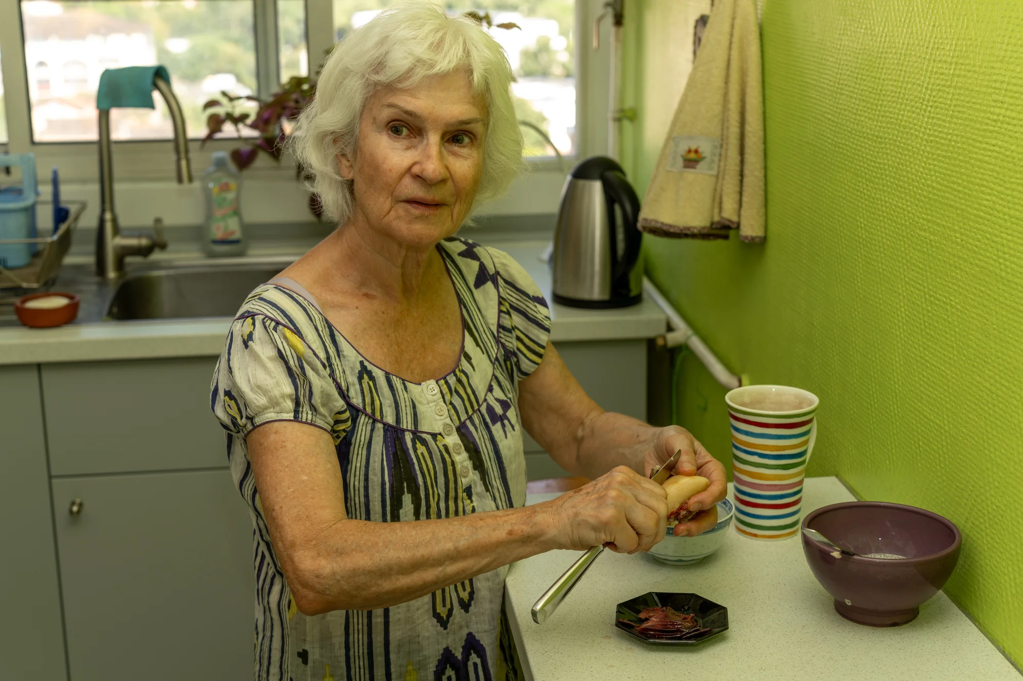 Camille Bonnamour prepares breakfast consisting of quelled chiaseeds and fruit.