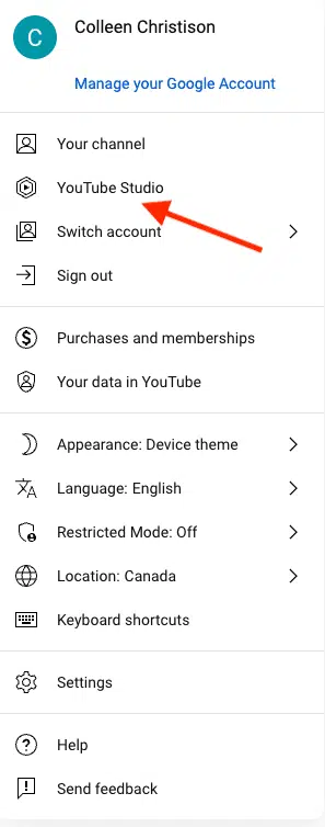 Youtube user profile left nav panel with an arrow pointing at "Youtube Studio"