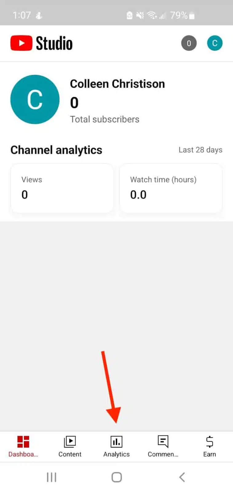 A Youtube Profile with an arrow pointing to the analytics button on the bottom